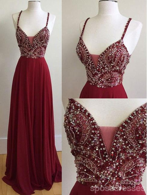 Sexy Backless Maroon Deep V Neckline Heavily Beaded A line Long Evening Prom Dresses, Popular Cheap Long 2018 Party Prom Dresses, 17262