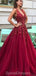 Σκούρο κόκκινο V Neck A-line Tulle Long Evening Prom Dresses, Evening Party Prom Dresses, 12179