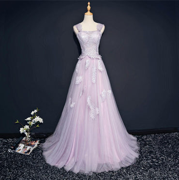 Lilac Cap Sleeve Straight Neckline Lace Long Evening Prom Dresses, Popular 2018 Party Prom Dresses, Custom Long Prom Dresses, Cheap Formal Prom Dresses, 17214