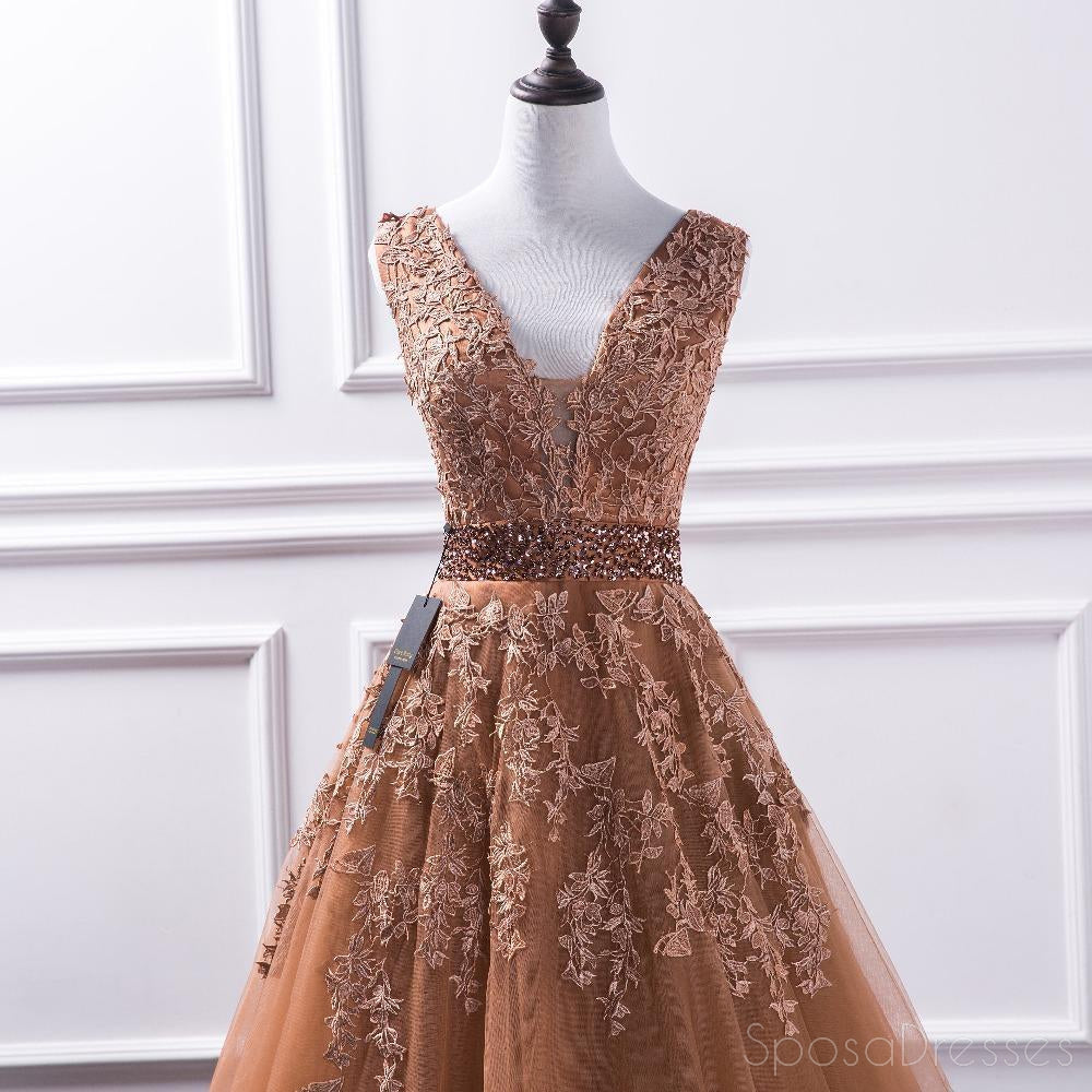 Sexy Deep V Neckline Brown A line Lace Long Evening Prom Dresses, Popular Cheap Long 2018 Party Prom Dresses, 17237
