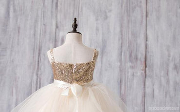 Paillettes or Top en Tulle Robes de Fille de Fleur, Joli Tutu Robes pour Petite Fille, FG052