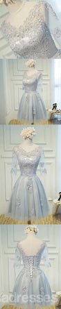 Long Sleeve V Neckline Gray Lake Tulle Short Homecoming Prom Dresses, Affordable Short Party Prom Sweet 16 Dresses, Perfect Homecoming Cocktail Dresses, CM366