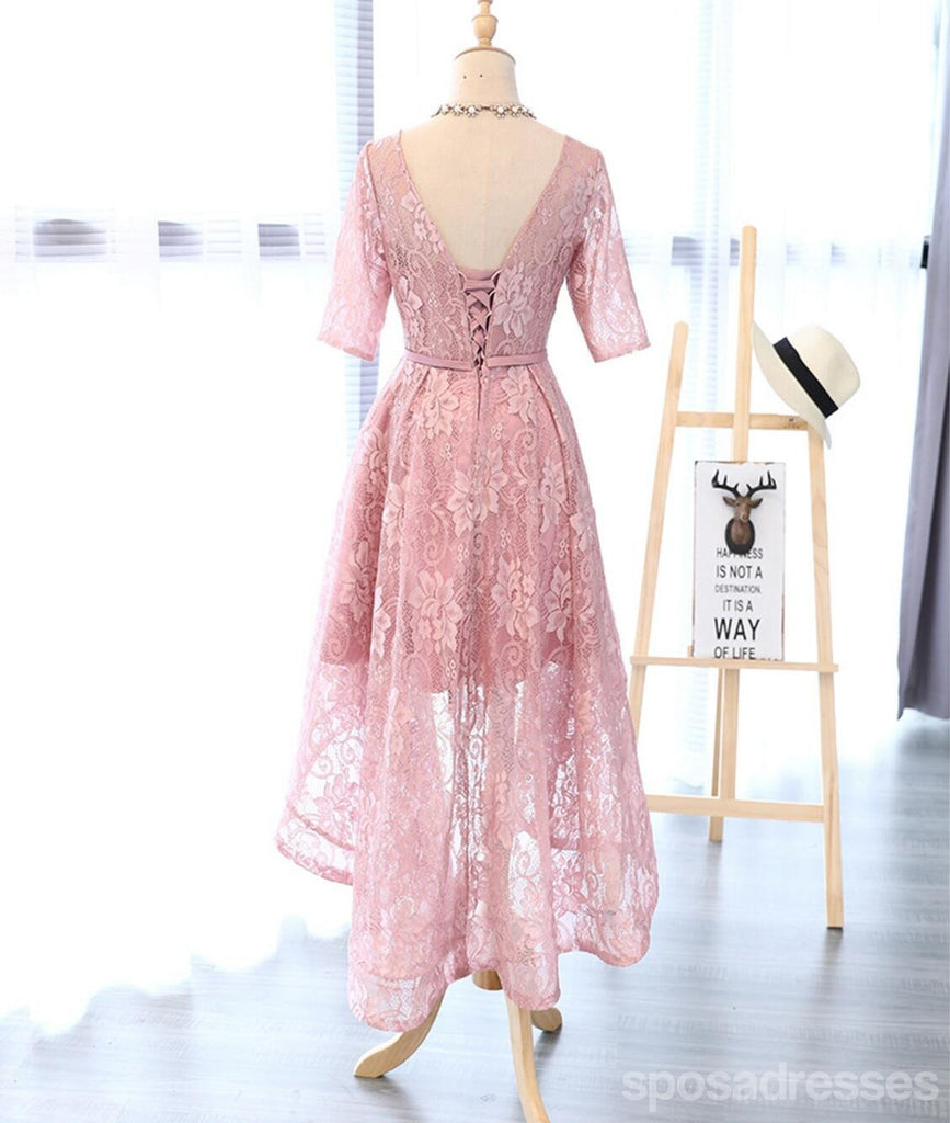Long Sleeve Lace High Low Pink Homecoming Prom Dresses, Affordable Short Party Prom Sweet 16 Dresses, Perfect Homecoming Cocktail Dresses, CM330