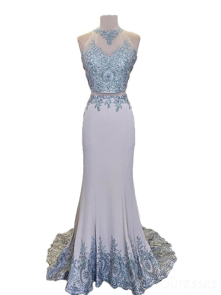 Sexy See Through Two Pieces Halter Mermaid Lace Long Custom Evening Prom Dresses, 17394