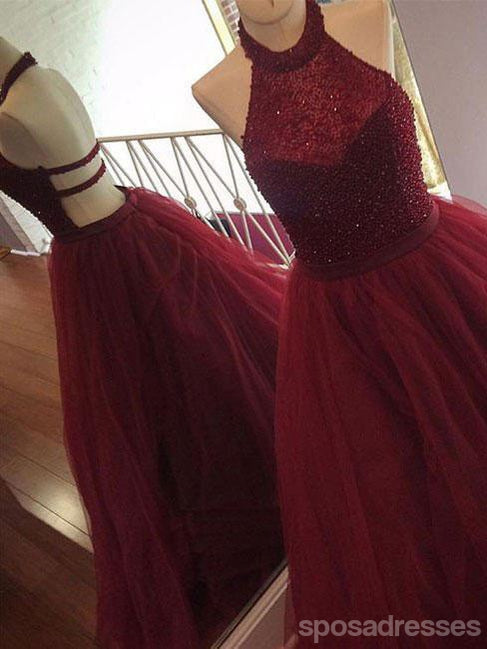 Sexy Backless Maroon Halter Bodice Beaded A line Tulle Long Custom Evening Prom Dresses, 17395