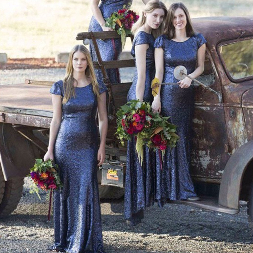 Cap Sleeve Round Neck Royal Blue Sequin Mermaid Long Bridesmaid Dresses, WG61