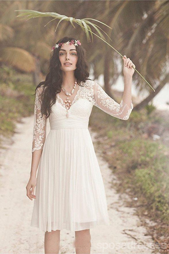 Long lacet de manche bon marché robes de mariée de plage courtes, WD330