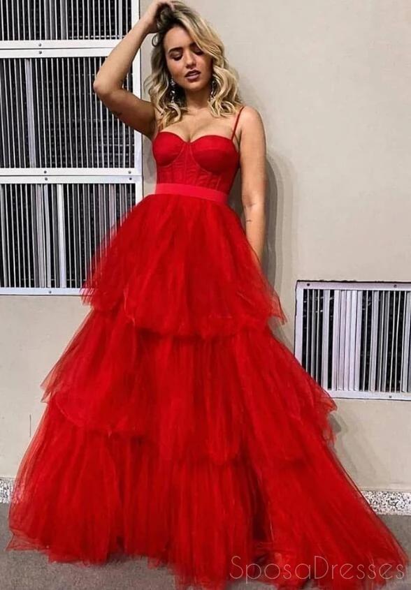Σπαγγέτι ιμάντες κόκκινο βολάν Α-γραμμή Τούλι μακρύ βράδυ Prom φορέματα, Βραδινό Κόμμα Prom Φορέματα, 12181