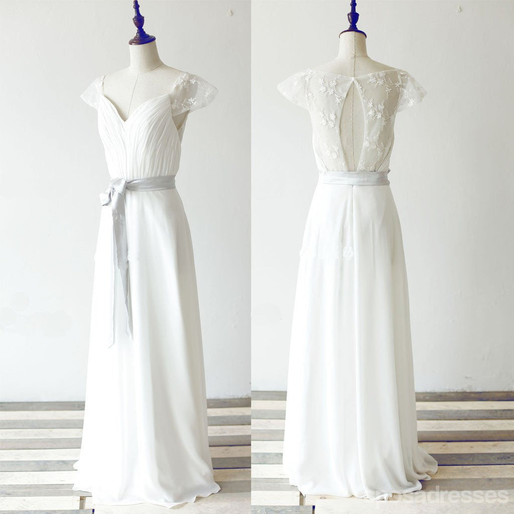 Simple largo alinean vestidos de la fiesta de bodas de la gasa blancos, vestido nupcial del cordón de la manga de la gorra, WD0062