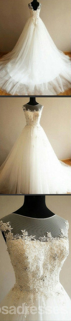 Charming Illusion Long A-line Lace Up Tulle Rhinestone Wedding Party Dresses, WD0063