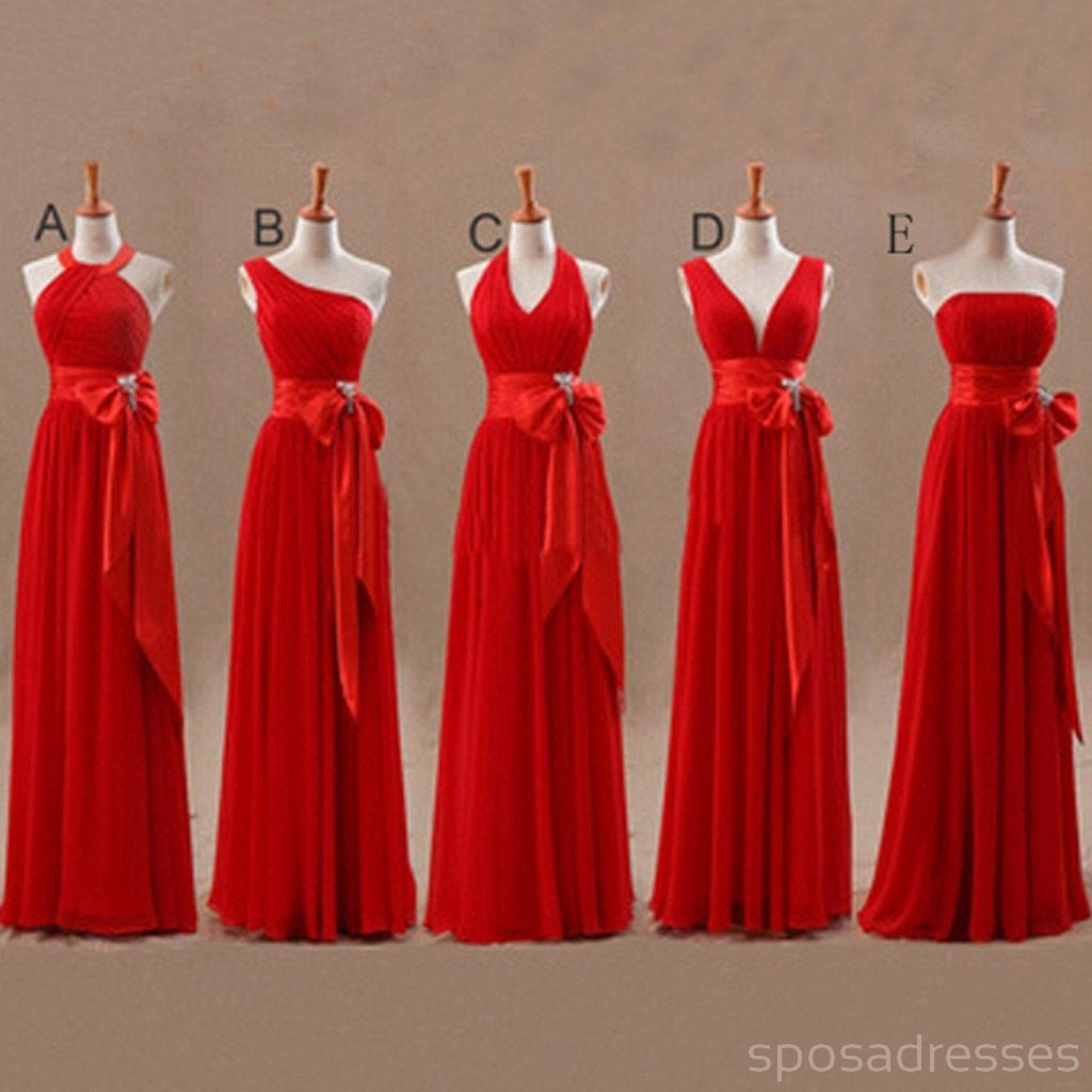 Αταίριαστα Junior Σιφόν Red Long A Line επίσημη φθηνά Maxi φορέματα παράνυμφων με τόξο, WG63