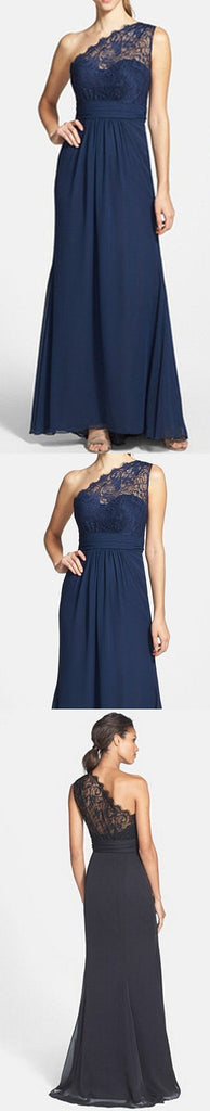 Elegante Marinha Azul de Um Ombro só com Laço de Cetim Uma Linha do Assoalho-Comprimento Baratos Vestidos de Dama de honra, WG64