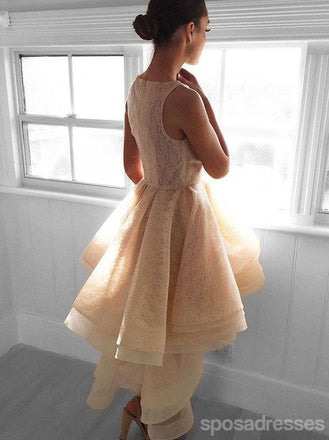 Champagne Lace Υψηλή Χαμηλή Δαντέλα Φτηνές Κοντές Φορέματα Homecoming Online, CM590