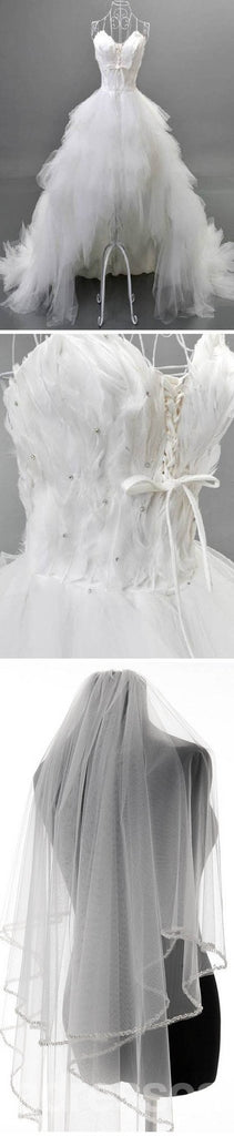 Vestidos de novia de espagueti de tul blanco con escote corazón alto y bajo de estilo único con pluma, WD0067