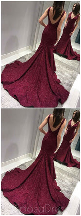 Sexy Backless Maroon Sequin Mermaid Side Slit Long Evening Prom Dresses, Sparkly Sweet 16 Dresses, 18341