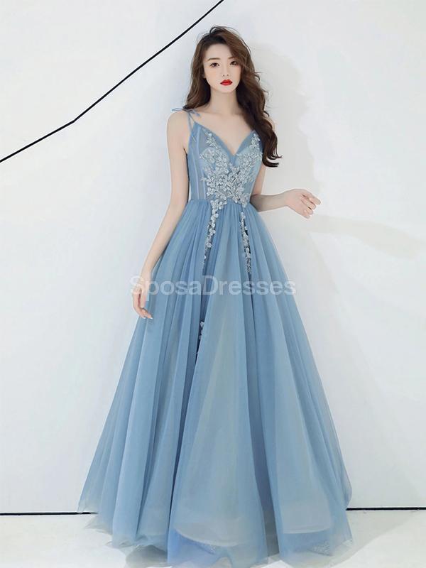 Σπαγγέτι λουράκια Dusty Blue Long Evening Prom Dresses, Evening Party Prom Dresses, 12220