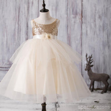 Paillettes or Top en Tulle Robes de Fille de Fleur, Joli Tutu Robes pour Petite Fille, FG052