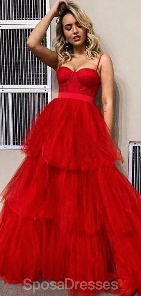 Σπαγγέτι ιμάντες κόκκινο βολάν Α-γραμμή Τούλι μακρύ βράδυ Prom φορέματα, Βραδινό Κόμμα Prom Φορέματα, 12181