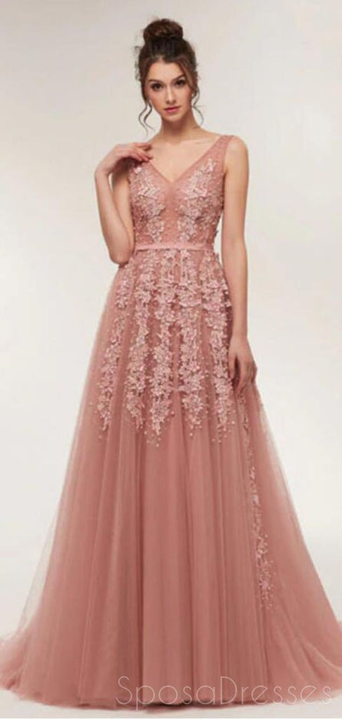 Staubige rosa V Hals Spitze Perlen lange Abend Ball kleider, billige benutzerdefinierte süße 16 Kleider, 18521