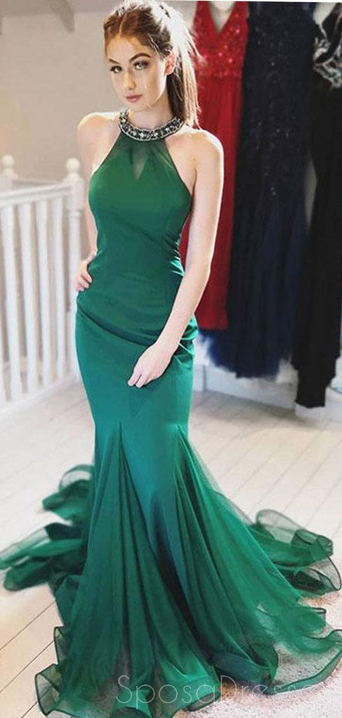 Halter cuentas esmeralda verde sirena larga noche vestidos de fiesta, barato dulce 16 vestidos, 18425