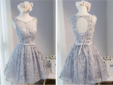 Open Back Gray Lace Scoop Neckline Homecoming Prom Dresses, Affordable Short Party Prom Dresses, Perfect Homecoming Dresses, CM274