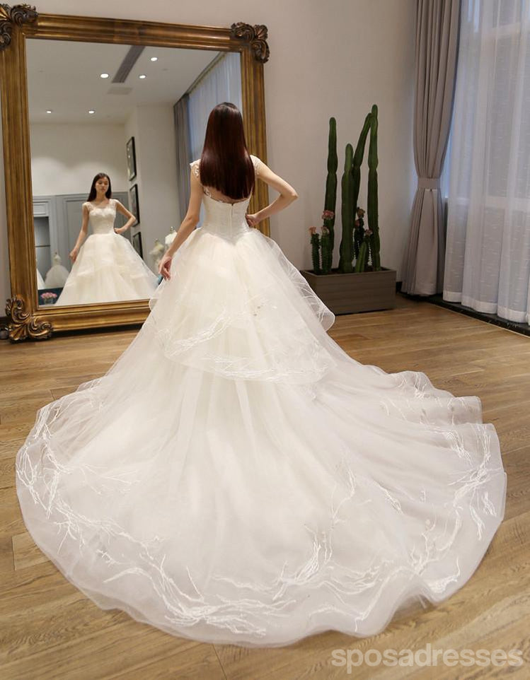 Zwei Riemen Tüll Eine Linie Langen Schwanz Hochzeit Kleider Custom Made Langen Brautkleid, Günstig Brautkleider, WD204