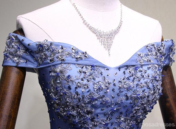 Hors de l'Épaule en Tulle Bleu Perles A-ligne Longue de Soirée, Robes de Bal, 17621