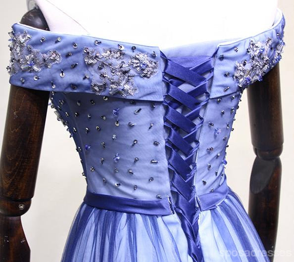 Off Shoulder Blue Tulle Beaded A-line Long Evening Prom Dresses, 17621