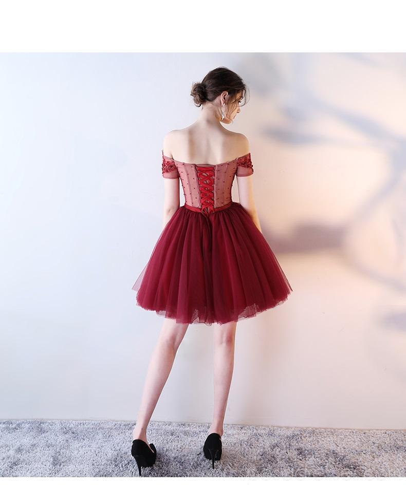 De cordón del hombro adornado con cuentas ver a través de los vestidos de la fiesta de promoción cortos en línea, baratos de los vestidos del regreso rojo, CM790