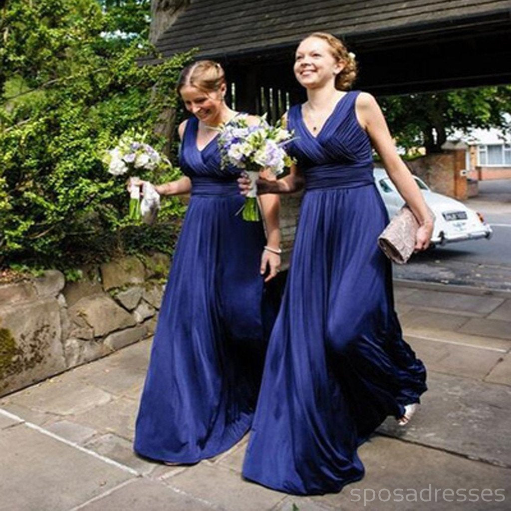 On Sale Chiffon V-Neck Simple A Line Royal Blue Long Bridesmaid Dresses, WG73