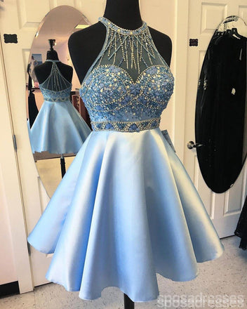 Κομψό Μπλε διακοσμημένα με Χάντρες Halter Φθηνά Σύντομη Φορέματα Homecoming σε απευθείας Σύνδεση, CM597