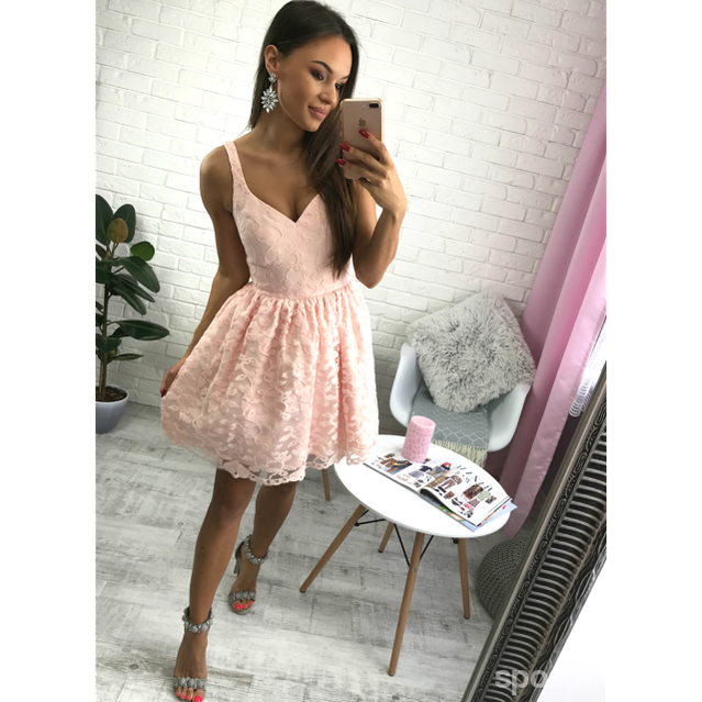 Short Cheap Simple V Neck Blush Pink Lace Homecoming Dresses 2018, CM518