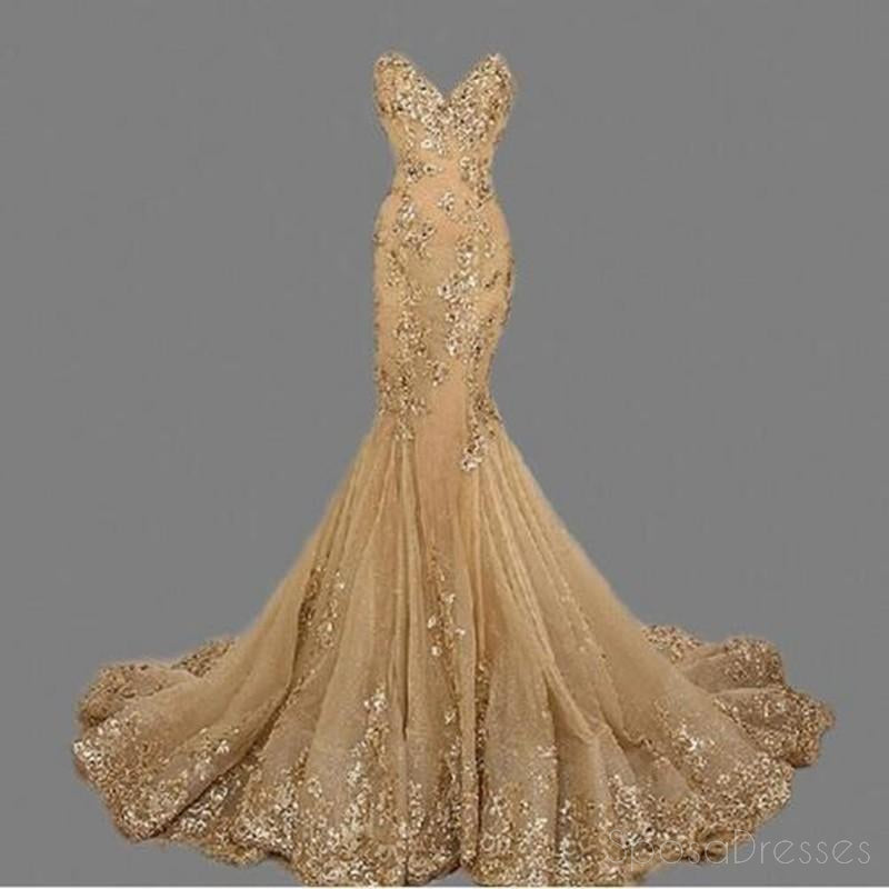 Sexy Sweetheart Gold Lace Beaded Mermaid Long Evening Prom Dresses, Popular Cheap Long Party Prom Dresses, 17238