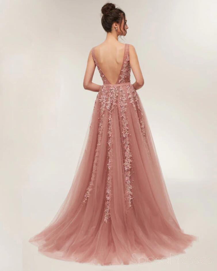 Polvoriento Pink V Cuello Encajes Beaded Long Evening Prom Vestidos, Barato Custom Sweet 16 Vestidos, 18521