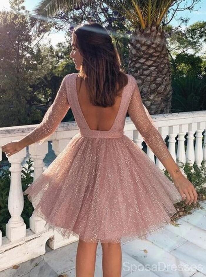 Manches longues Dusty Pink Sparkly Short Cheap Homecoming Dresses Online, CM820