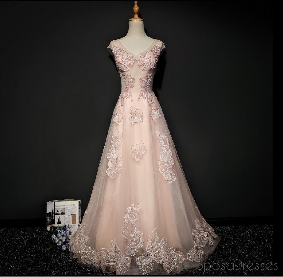 Blush Pink Cap Sleeve V Neckline Lace Long Evening Prom Dresses, Popular 2018 Party Prom Dresses, Custom Long Prom Dresses, Cheap Formal Prom Dresses, 17216