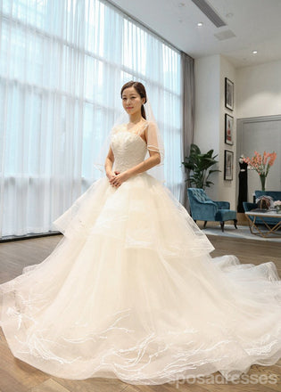 Deux Lacet de Tulle de Courroies Une ligne Longues Robes de mariée de Queue, Longue Robe de Mariage Faite Personnalisée, Robes de Mariage Bon marché, WD204