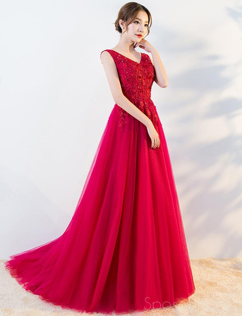 Vestidos de fiesta de noche largos baratos de encaje con cuello en V rojo brillante, vestidos de fiesta de noche, 18647