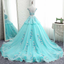 Scoop Cap Sleeves Tiffany Blue Lace Vestidos de baile largos de noche, Cheap Custom Sweet 16 Vestidos, 18522