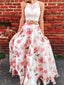 Two Pieces Lace Bodice Printed Flower Skirt Long Evening Prom Dresses, 17576