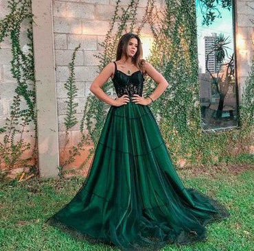 Green A-line Spaghetti Straps Cheap Long Prom Dresses Online,Dance Dresses,12594