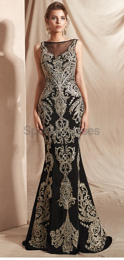 Black Lace Beaded Scoop Mermaid Evening Prom Φορέματα, Evening Party Prom Φορέματα, 12070