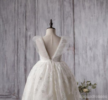 La demoiselle d'honneur de tulle de lacet mignonne ivoire s'habille, la manche de casquette de V-dos petites robes de fille, FG054