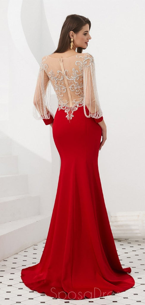 Rouge manches longues voir à travers le dos perlé sirène robes de bal de soirée, robes de bal de soirée, 12082