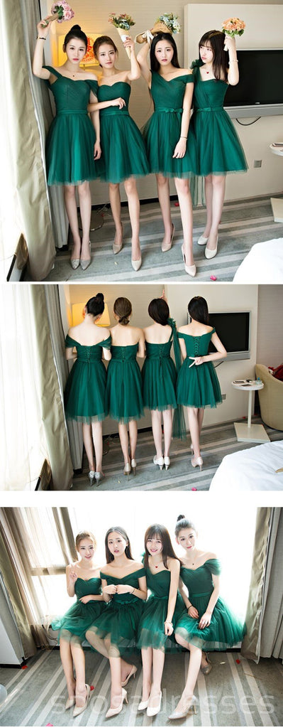 Mismatched Dark Green Tulle Short Cheap Bridesmaid Dresses, BD023