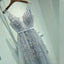 Μακρυμάνικο V Λαιμόκοψη με γκρι δαντέλα Tulle A line Βραδινά φορέματα Prom, δημοφιλή φορέματα γκρι πάρτι, Φορέματα Custom Prom Prom, Φθηνά επίσημα φορέματα Prom, 17191
