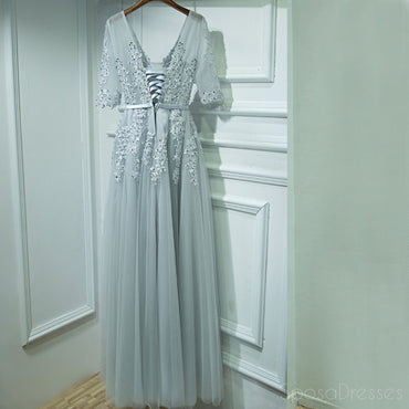 Long Sleeve V Neckline Grey Lace Tulle A line Evening Prom Dresses, Popular Gray Party Prom Dresses, Custom Long Prom Dresses, Cheap Formal Prom Dresses, 17191