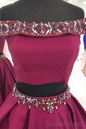 Two Pieces Off Shoulder Purple Beaded A-line Cheap Evening Prom Dresses, Sweet 16 Dresses, 17497