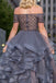 Off Shoulder See Through Beaded Grey Beaded A line Long Evening Prom Dresses, 17533