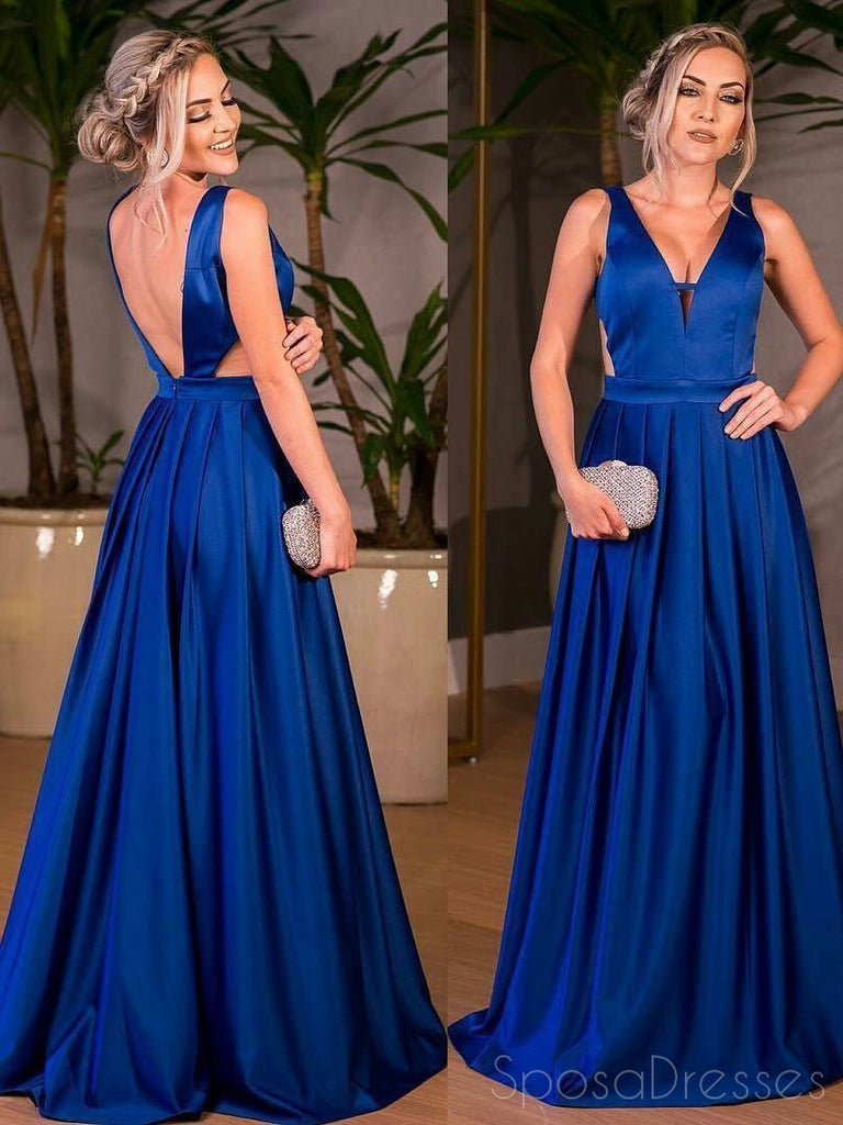 Royal Blue Backless V Neck A line Long Custom Evening Prom Dresses, 17433